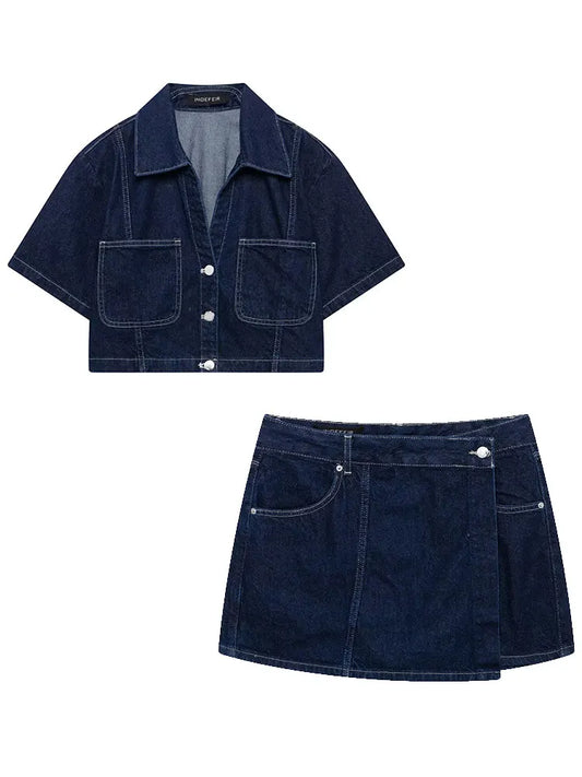 Sommer Damen Casual Sets Mode Mini Röcke Shorts Sets Denim Kurzes Hemd Top
