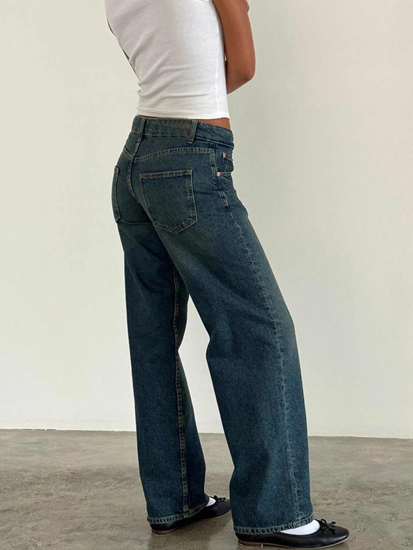 Low Waist Wide Leg Pants Women's Casual Elasticless Jeans