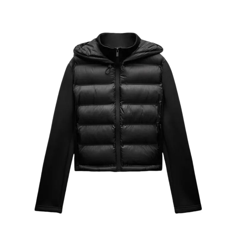 Schwarze Hybrid-Steppjacke mit Kapuze