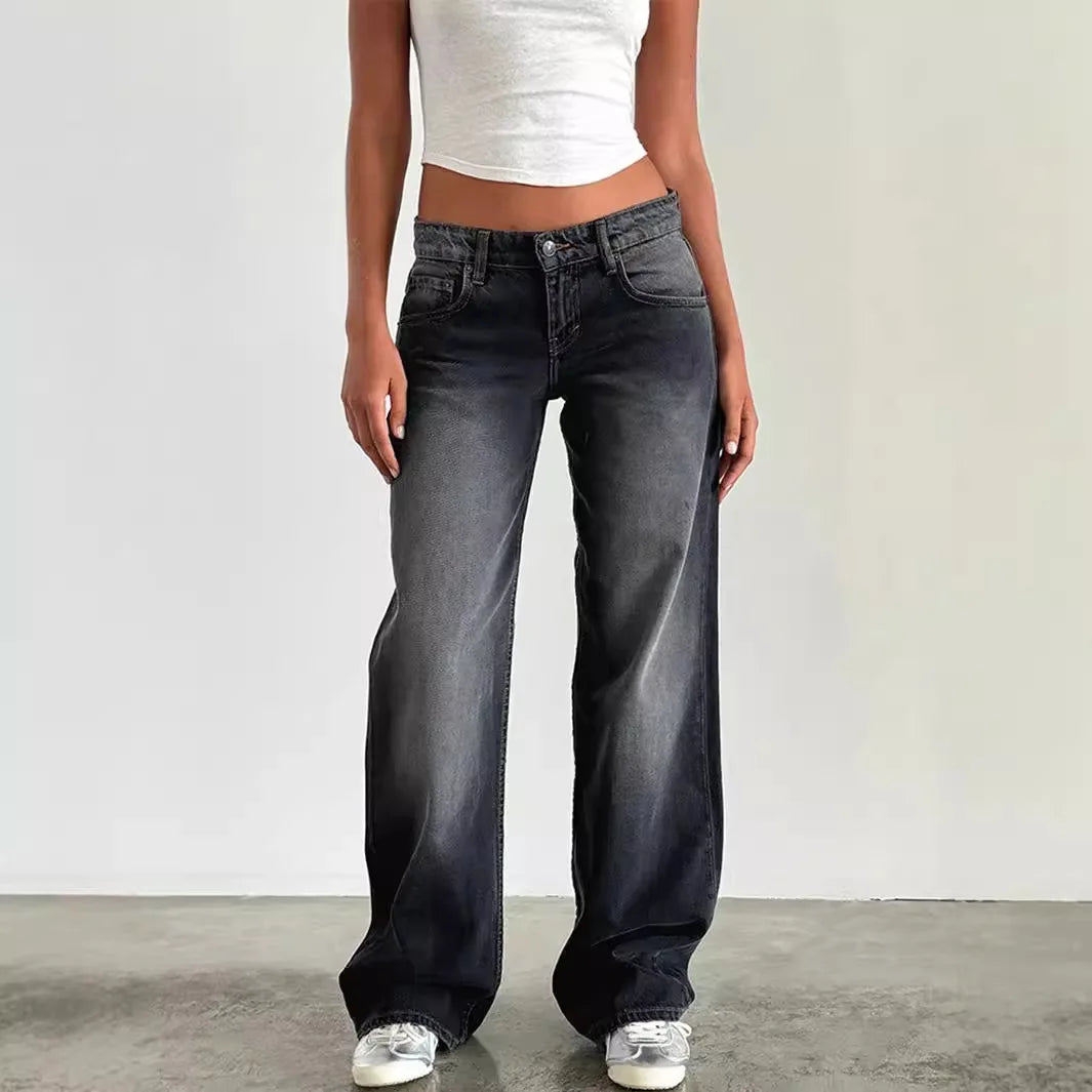 Low Waist Wide Leg Pants Women's Casual Elasticless Jeans