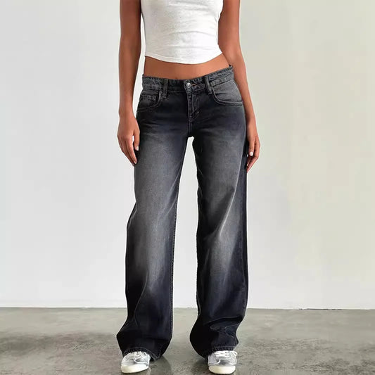 Low Waist Wide Leg Pants Women's Casual Elasticless Jeans