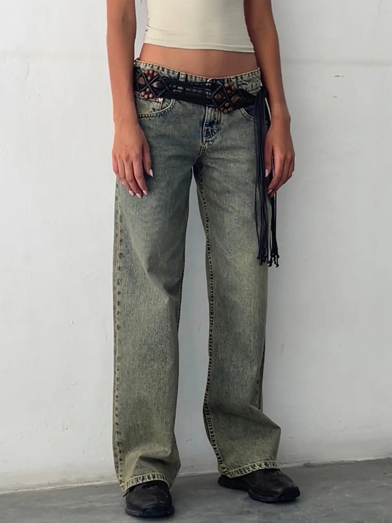 Low Waist Wide Leg Pants Women's Casual Elasticless Jeans